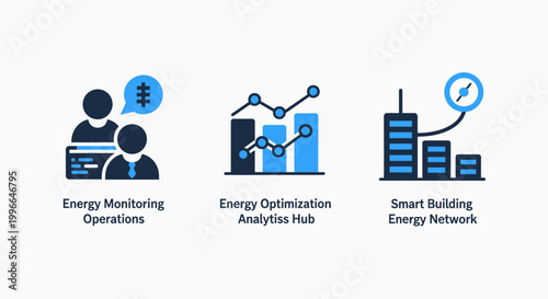This graphic presents three key concepts in energy management: energy monitoring operations for managing consumption, an analytics hub for optimizing energy usage, and a smart building energy
