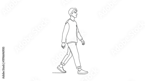 Continuous line drawing of a young man walking forward, minimalist style illustration of a person in casual clothes, side view of a male character on a stroll