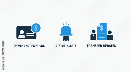 Financial payment notifications status alerts fund transfer updates system icons with e commerce notifications transfer financial transaction business interface software application pictogram