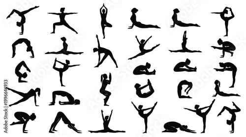 Set of yoga poses silhouettes, collection of various asanas, healthy lifestyle, fitness and meditation
