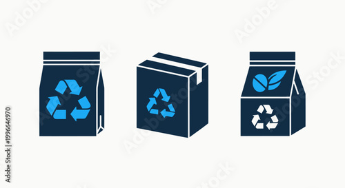 Recyclable packaging icons illustrating sustainable bags boxes cartons with ecological leaf symbols eco friendly zero waste corporate social responsibility supply chain consumer goods recycling
