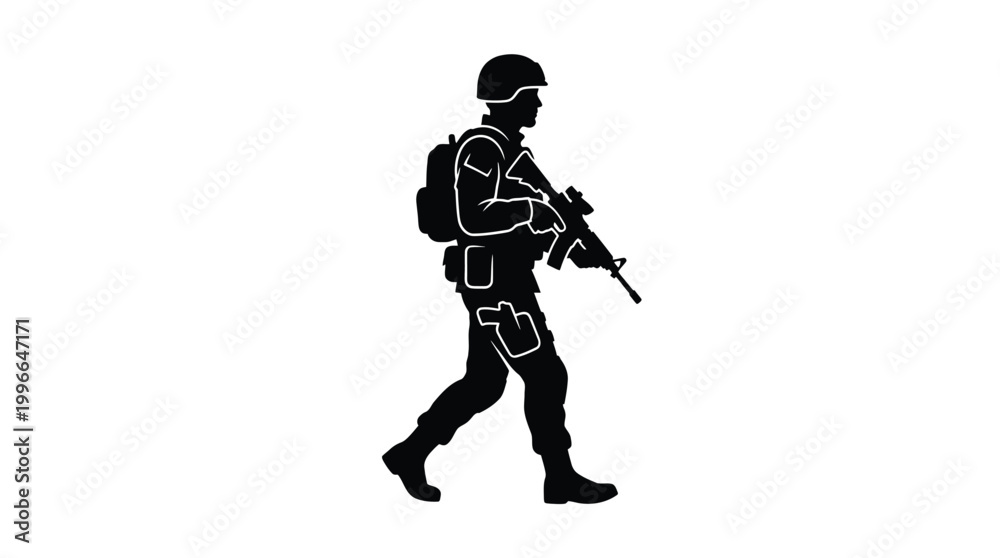 Obraz premium Silhouette of a soldier walking with a rifle, military personnel in combat gear, army infantryman on patrol, vector illustration
