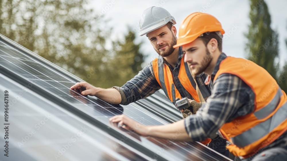 Obraz premium Two technicians in safety gear installing solar panel on roof outdoors