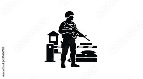 Silhouette of a soldier standing guard at a checkpoint with a rifle, sandbags, and a security barrier gate