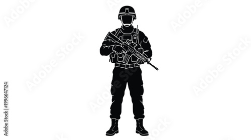 Silhouette of a soldier in full combat gear holding a rifle, standing in a defensive position, military personnel illustration, tactical uniform with helmet and gear