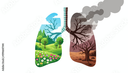 Lungs Comparison Illustration of Fresh Green Nature Landscape versus Industrial Pollution and Dead Tree for Environmental Health