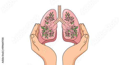Hands Protecting Healthy Lungs Illustration with Green Leaves for World No Tobacco Day Awareness and Environment Campaign