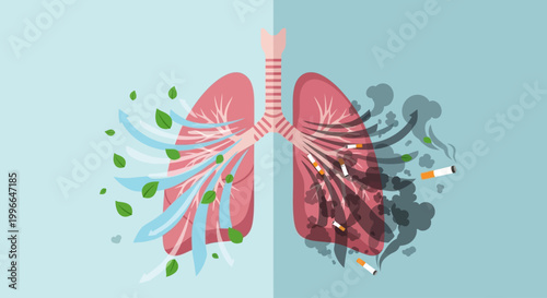 Lungs Comparison Illustration Between Fresh Air with Green Leaves and Cigarette Smoke for World No Tobacco Day Awareness