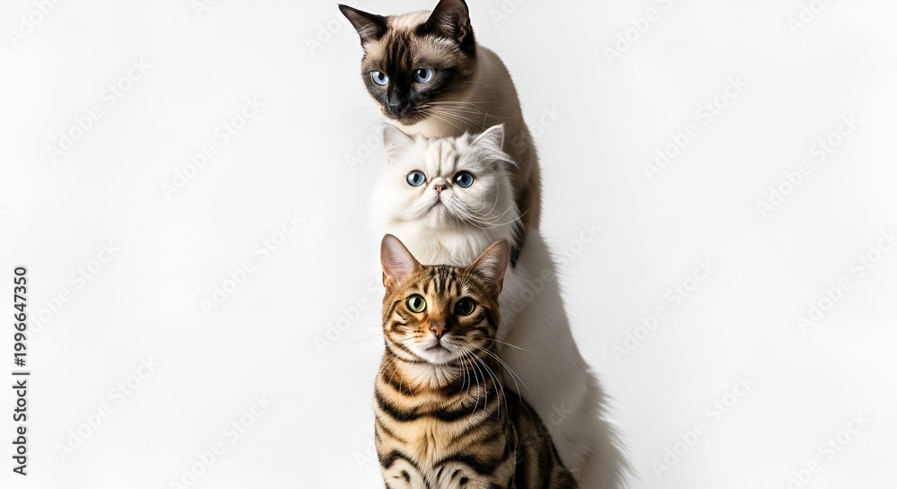 Obraz premium Three cats stacked on top of each other looking directly at the camera