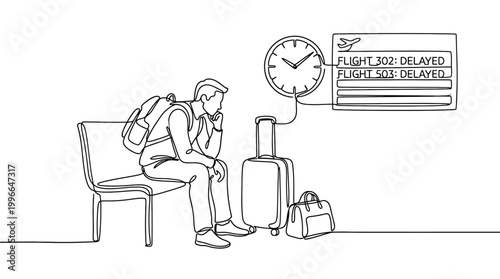 Continuous line drawing of a traveler sitting in an airport terminal waiting for a delayed flight, with luggage and a clock showing the time, minimalist design concept