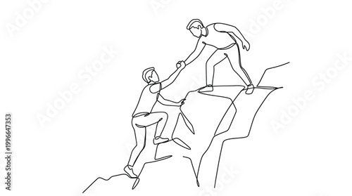 Cuadro en lienzo Continuous line drawing of one person helping another person to climb up a mount