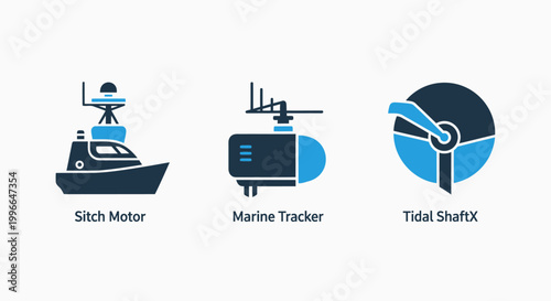 Marine technology equipment icons: motorboat marine tracker tidal shaft propeller for nautical innovation marine engineering renewable energy hydro power motorboat propeller technology