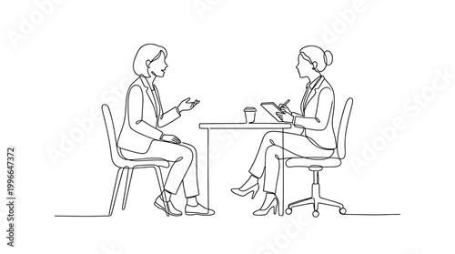 Continuous one line drawing of a job interview a female candidate is sitting and talking to a female recruiter who is taking notes business meeting concept