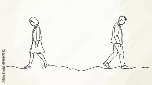 Continuous line drawing of a man and a woman walking away from each other, representing a breakup, divorce, conflict, separation, or misunderstanding in a relationship