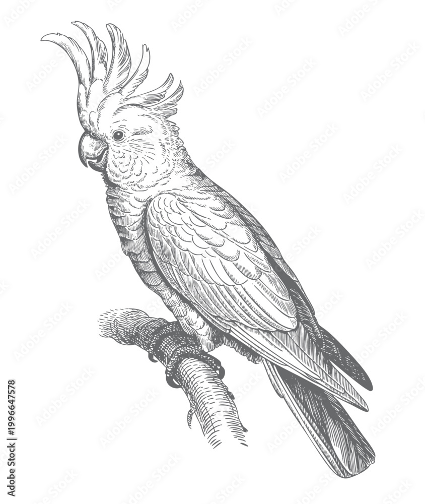 Obraz premium Vintage cockatoo bird perched on branch engraving art isolated illustration.