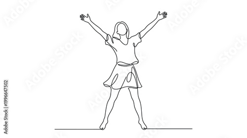 Continuous line drawing of a happy woman jumping with arms raised, expressing joy and freedom, minimalist style illustration of a girl celebrating success