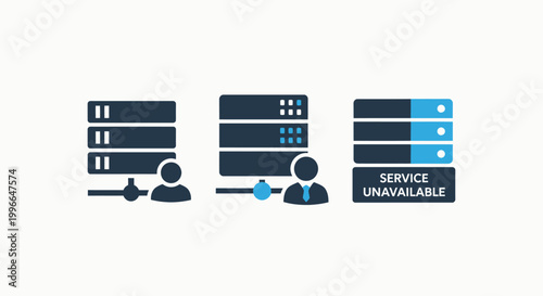 Set of information technology icons representing server management network administration service unavailable status for web hosting and data center operations connection unavailable computer