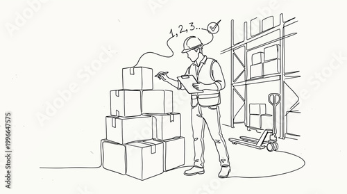 Continuous line drawing of a warehouse worker checking inventory a man in a hard hat and safety vest counts boxes with a clipboard in a logistics center