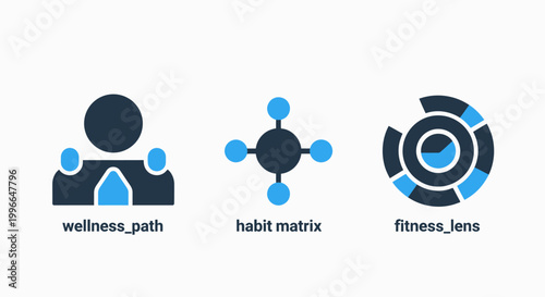 Set of health and wellness application icons including wellness path habit matrix and fitness lens concepts for digital tracking and personal growth with self care wellness tracking lifestyle