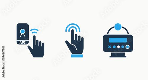 Collection of digital interface interaction icons featuring hand gestures for mobile app touchscreen programming and system api monitoring dashboard for software developers touchscreen interface