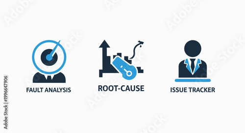 Modern business analytics icons for technical fault analysis root cause identification and professional help desk issue tracker system management displayed on a clean white background with analysis