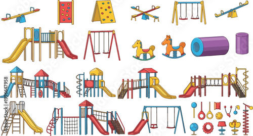 Playground Equipment Vector Set with Slides Swings Seesaw Climbing Frames and Kids Play Structures for Outdoor Park Design, Recreation Illustration, and Children Activity Graphics