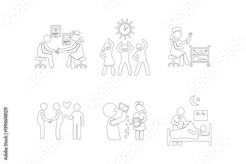 Healthcare and Medical Care Outline Icons – Doctor Visit, Patient Support, Nursing and Wellness Vector Set