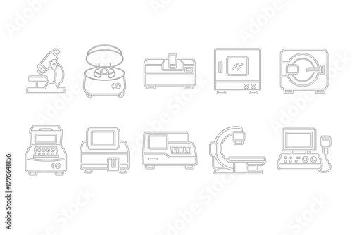 Laboratory and Medical Equipment Outline Icons – Microscope, Scanner, Diagnostic Devices Vector Collection