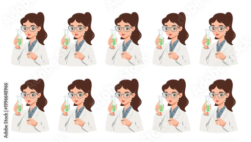 Illustration of a female scientist in lab coat, with glasses, holding a flask with green liquid, symbolizing scientific discovery and lab research