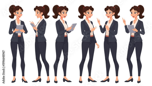 Versatile poses of a professional business woman character set, ideal for corporate presentations, digital media, and interactive applications, showcasing various office and communication scenarios