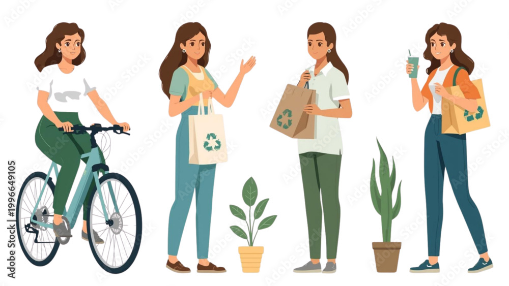 Fototapeta premium Sustainable lifestyle choices with women on bicycle carrying shopping bags and plants promoting eco-friendly living and zero waste