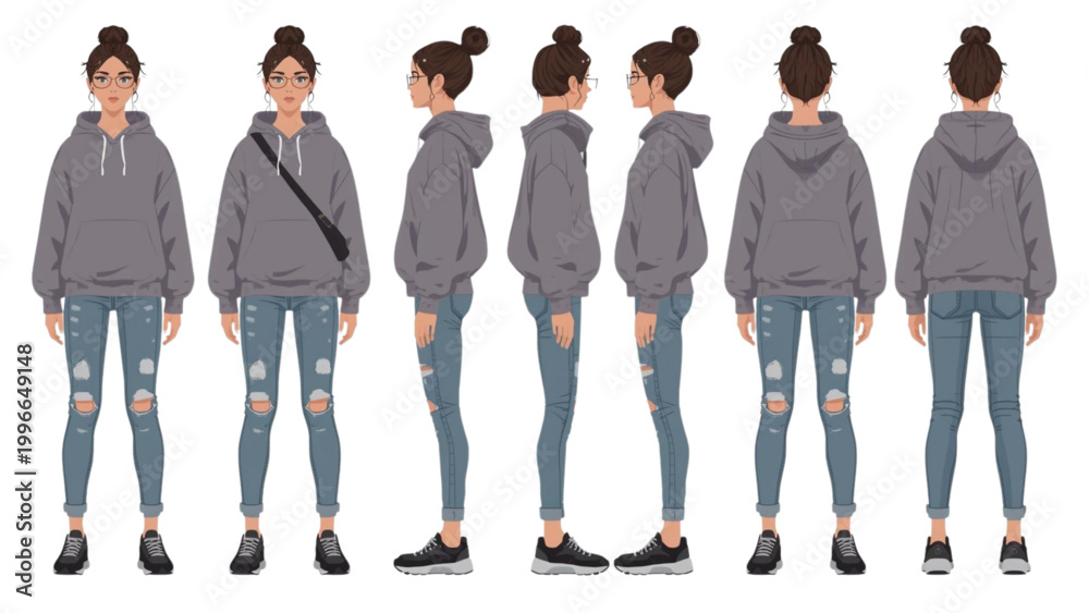 Obraz premium Casual Young Woman Character Model Sheet in Gray Hoodie and Ripped Jeans with Multiple Poses for Fashion Design and Animation Reference