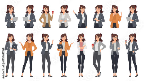 Collection of diverse business women in professional attire, showcasing various poses and actions with modern technology and professional tools, ideal for corporate and professional contexts