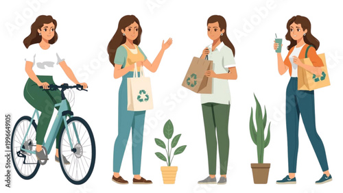 Sustainable lifestyle choices with women on bicycle carrying shopping bags and plants promoting eco-friendly living and zero waste
