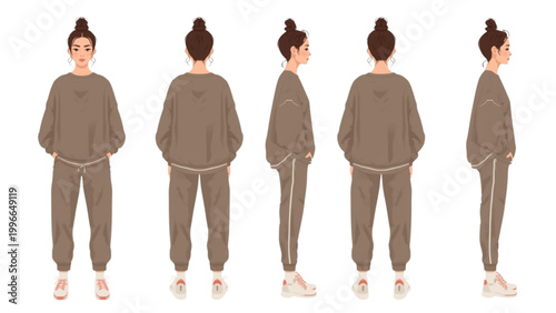 Multiple Angles of a Woman in a Casual Brown Sweat Suit and Sneakers
