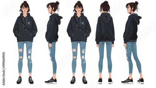 Dynamic character illustration featuring a stylish young woman in a casual dark hoodie, ripped blue jeans, and sneakers, presented in multiple fashion-forward poses for versatile design projects