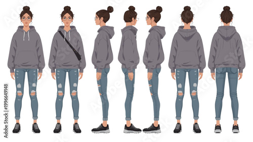 Casual Young Woman Character Model Sheet in Gray Hoodie and Ripped Jeans with Multiple Poses for Fashion Design and Animation Reference