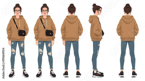 Fashionable young woman in casual outfit, showcasing style from multiple angles in a full-body illustration