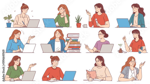 Illustrations of diverse young women working remotely, studying online, and learning with laptops, depicting modern digital productivity and educational lifestyles
