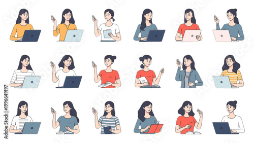 Flat design illustrations of diverse young women using laptops and tablets, representing remote work, online education, and digital communication. A modern vector collection