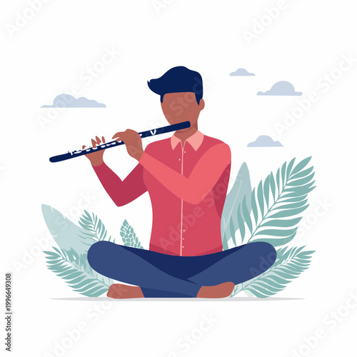 Man Playing Flute in Lotus Pose Surrounded by Tropical Leaves