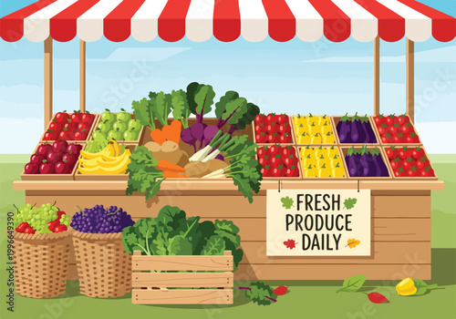 Obraz na plátně A colorful fruit and vegetable stand with a striped awning