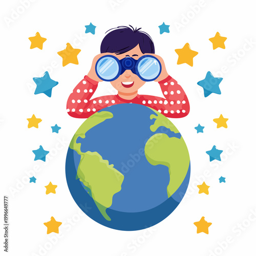 Child with Binoculars Looking at Earth Surrounded by Stars