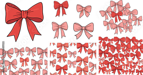 Ribbon bow collection with red and pink decorative bows in various styles for gift wrapping, celebration, and festive design projects