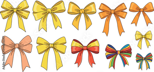Ribbon bow vector collection featuring decorative gift bows in yellow and colorful styles isolated on light background for festive design