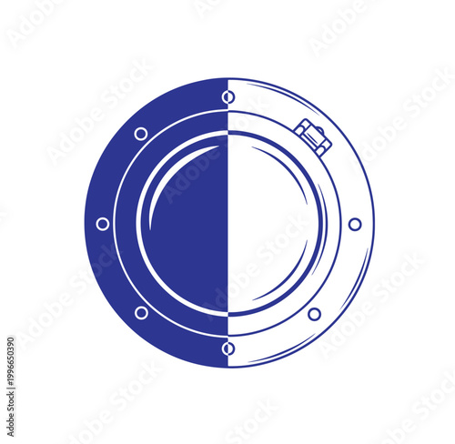 blue and white porthole with hatch and bolts on white background