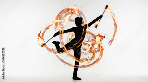 Silhouette of a person performing fire dancing with flaming torches