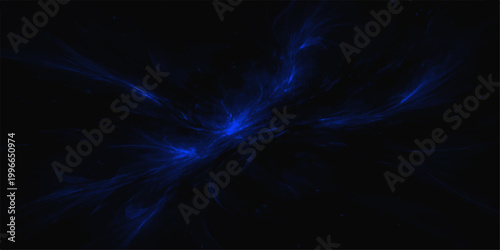 Glowing blue energy waves and digital motion textures create an abstract light design with flowing plasma shapes and radiant rays against a dark black space backdrop