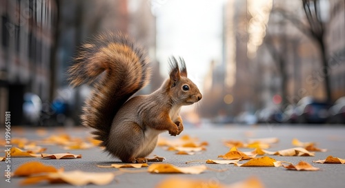 Adorable squirrel standing on city street with autumn leaves