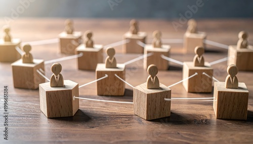 Network of connected people icons on wooden blocks, representing teamwork, communication, and social connections.